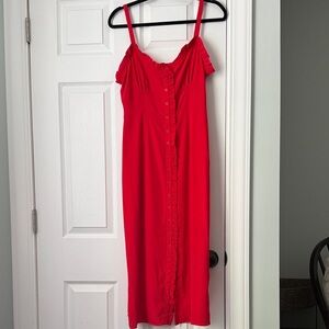 Topshop Red Midi Dress with Button-Front and Ruffle Trim